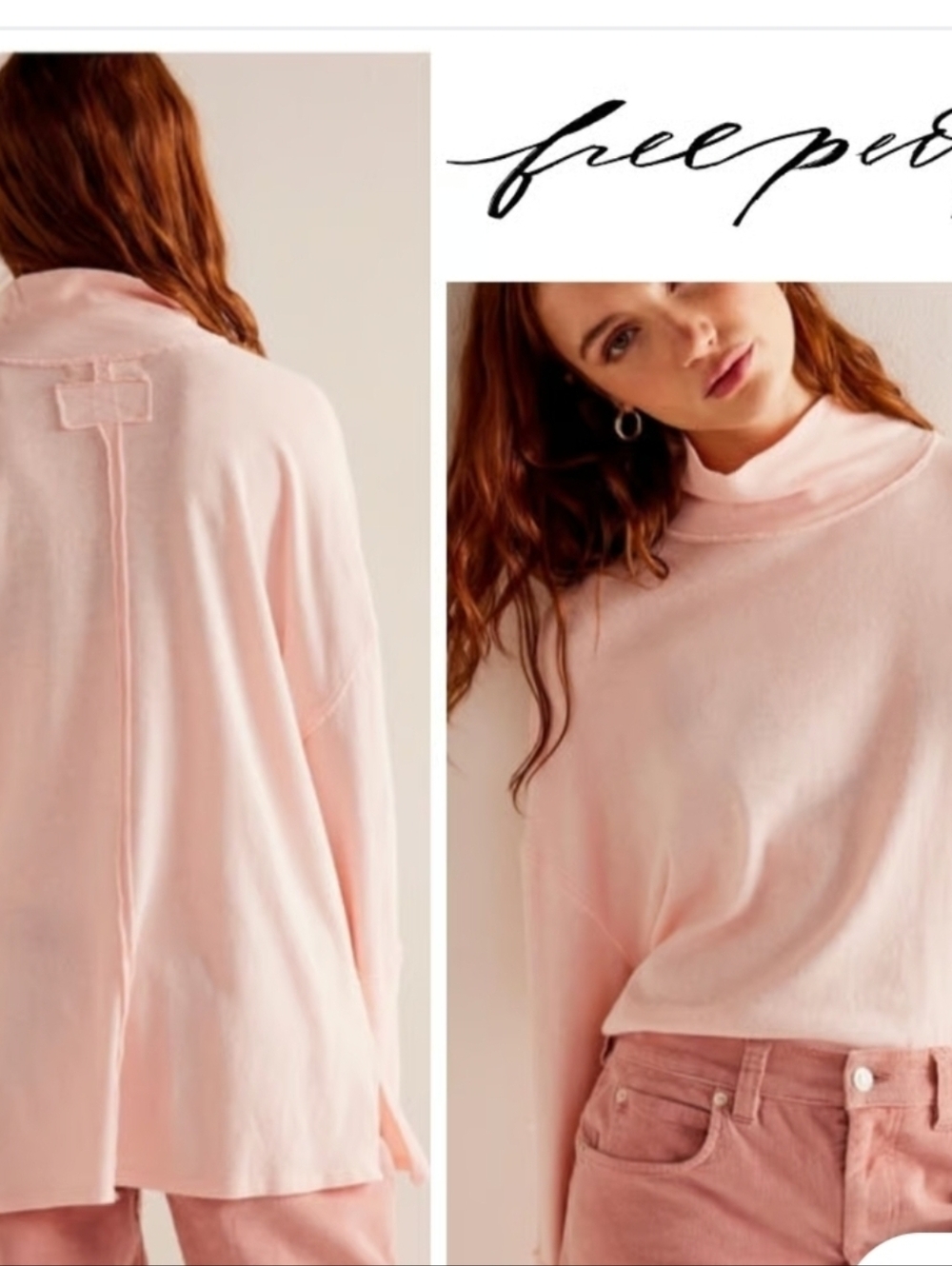 We The Free Phoebe Turtleneck Long Sleeve Longline Top Light Pink